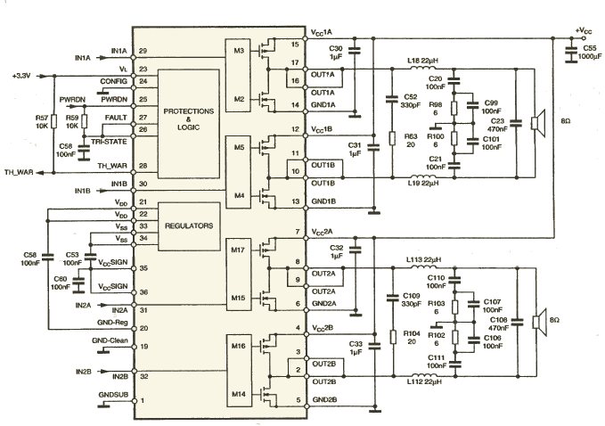 До складу мікросхем входять чотири кінцевих ключових каскаду на комплементарних МОП-транзисторах (Complementary DMOS), формувачі імпульсів з диференціальними виходами (М2 -М5, М14 - М17), стабілізатори напруги (REGULATORS), блок захисту і логічні схеми (PROTECTIONS & LOGIC)