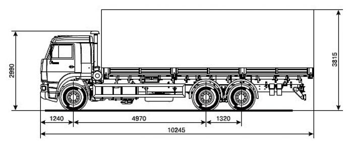 Вантажівка КАМАЗ, який має довжину борту 9 метрів, і призначений для перевезення великовагового обладнання, різноманітних будівельних матеріалів, інших вантажів з нестандартними розмірами, які неможливо перевезти менш довгими авто