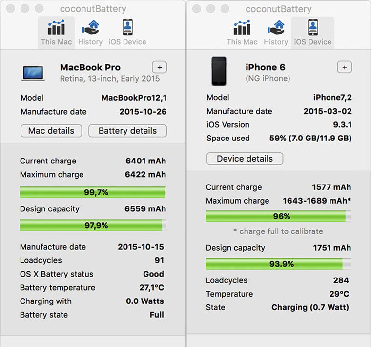 Тест акумулятора iPhone, iPad і MacBook через coconutBattery для OS X
