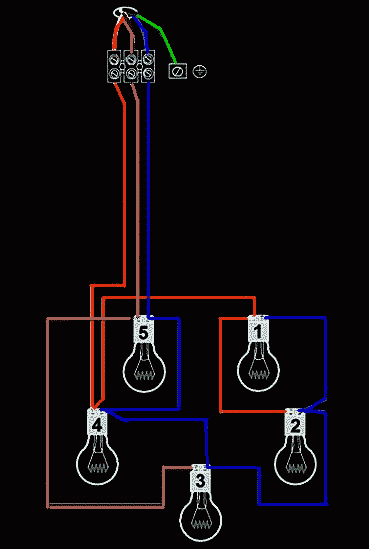 На ній, лампочки 1, 2 і 4 приєднані до одного фазного проводу, керовані однією з клавіш, а лампочки 3 і 5 до іншого фазного проводу і управляються іншою клавішею