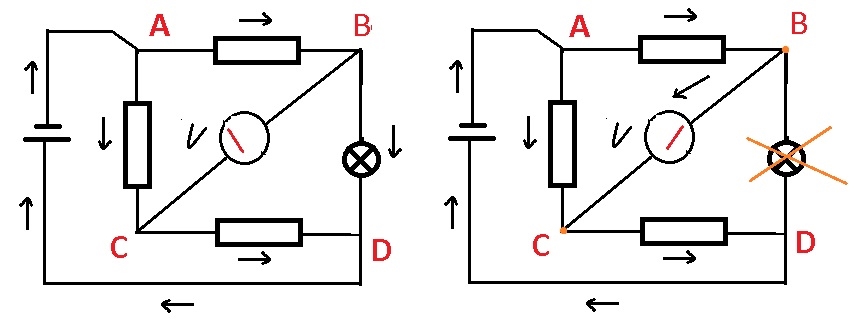 Робота реле справності ламп заснована на ефекті резисторного моста, принципова схема зображена на картинці