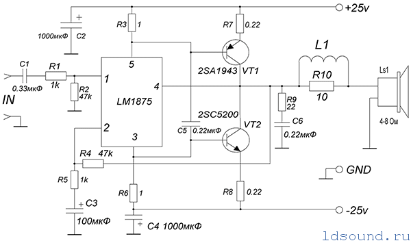 При мостовій схемі, підсилювач на двох LM1875 здатний розвивати до 50 Ватт, а з вихідними транзисторами до 70 Ватт